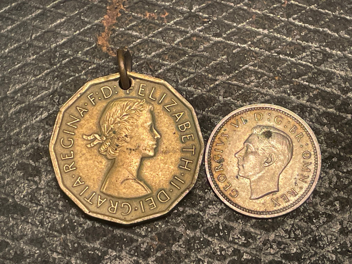 Pair of Vintage British Threepence Coins – 1937 Silver George VI & 1967 Brass Elizabeth II (Jewellery Pendant & Collectible Coins)