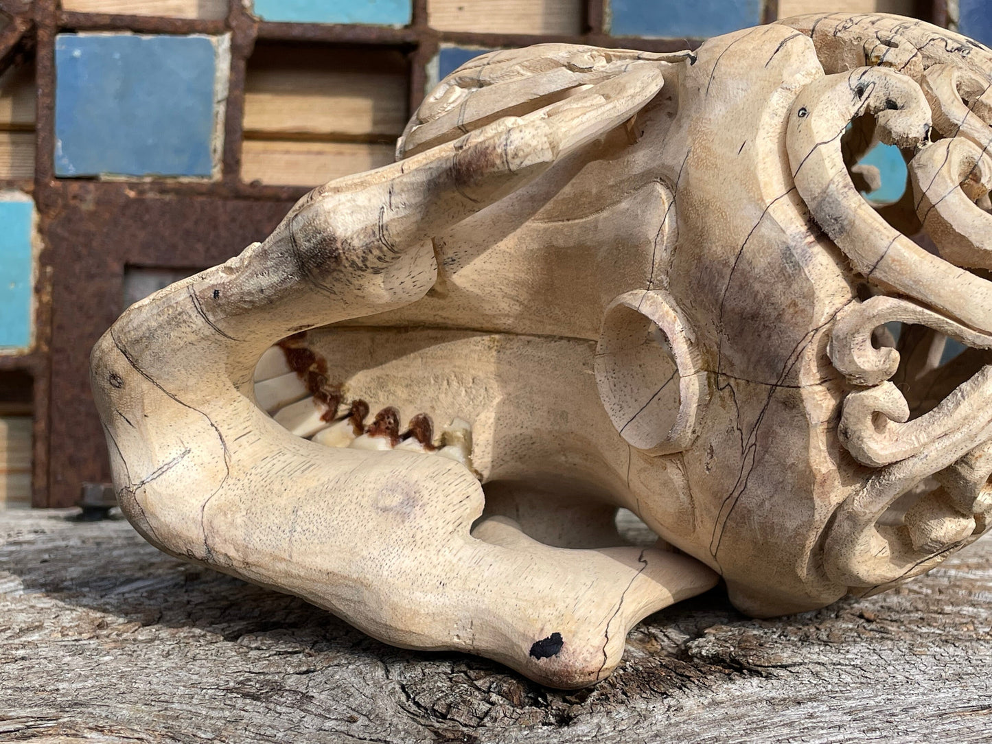An intricately hand carved Folk Art Skull sculpture from Tamarind wood and buffalo jaw 17cm tall