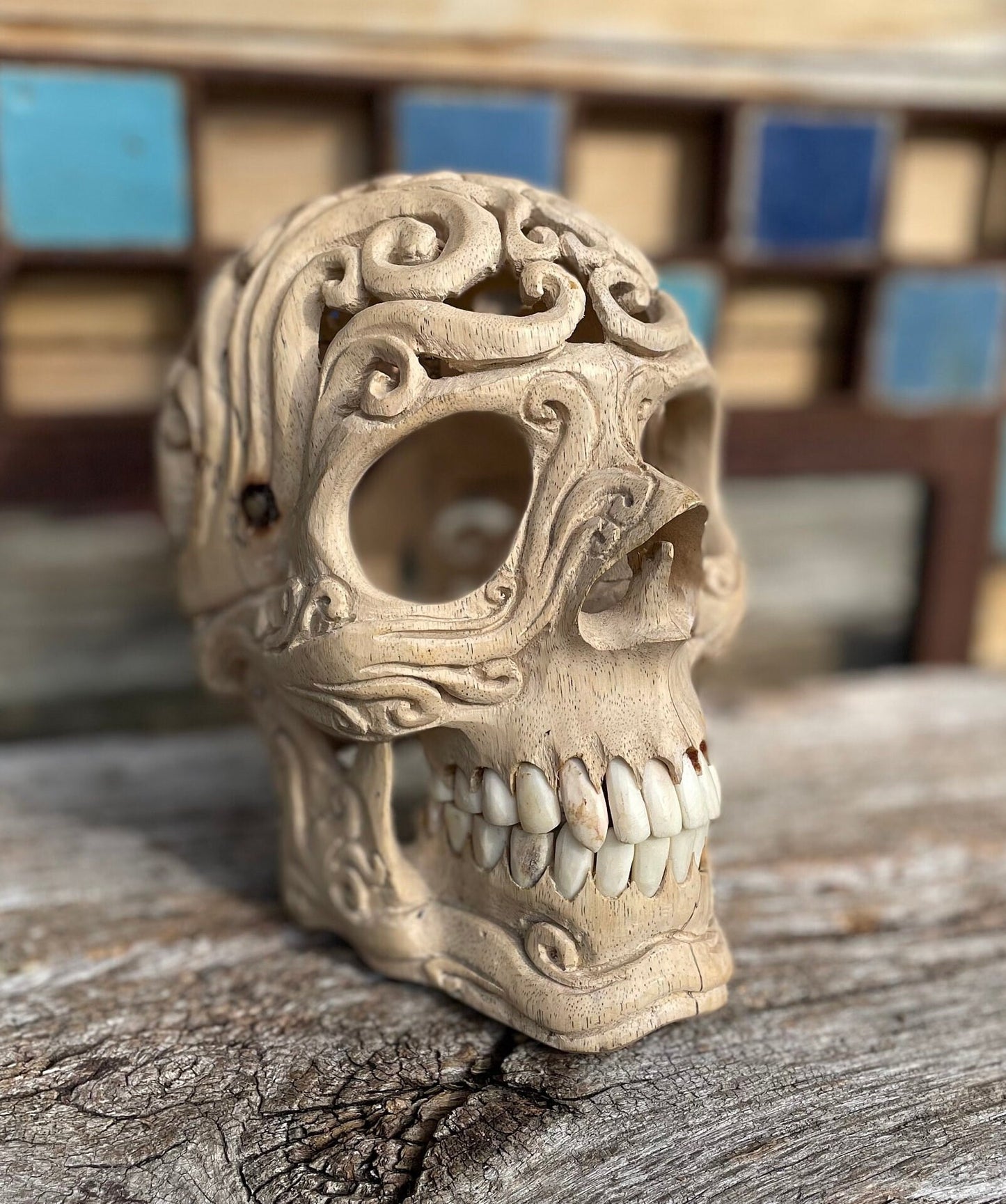 An intricately hand carved Folk Art Skull sculpture from Tamarind wood and buffalo jaw 17cm tall