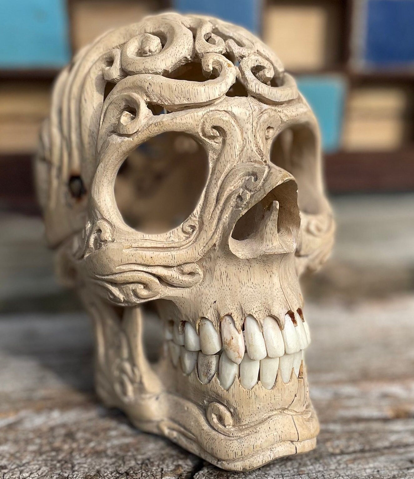 An intricately hand carved Folk Art Skull sculpture from Tamarind wood and buffalo jaw 17cm tall