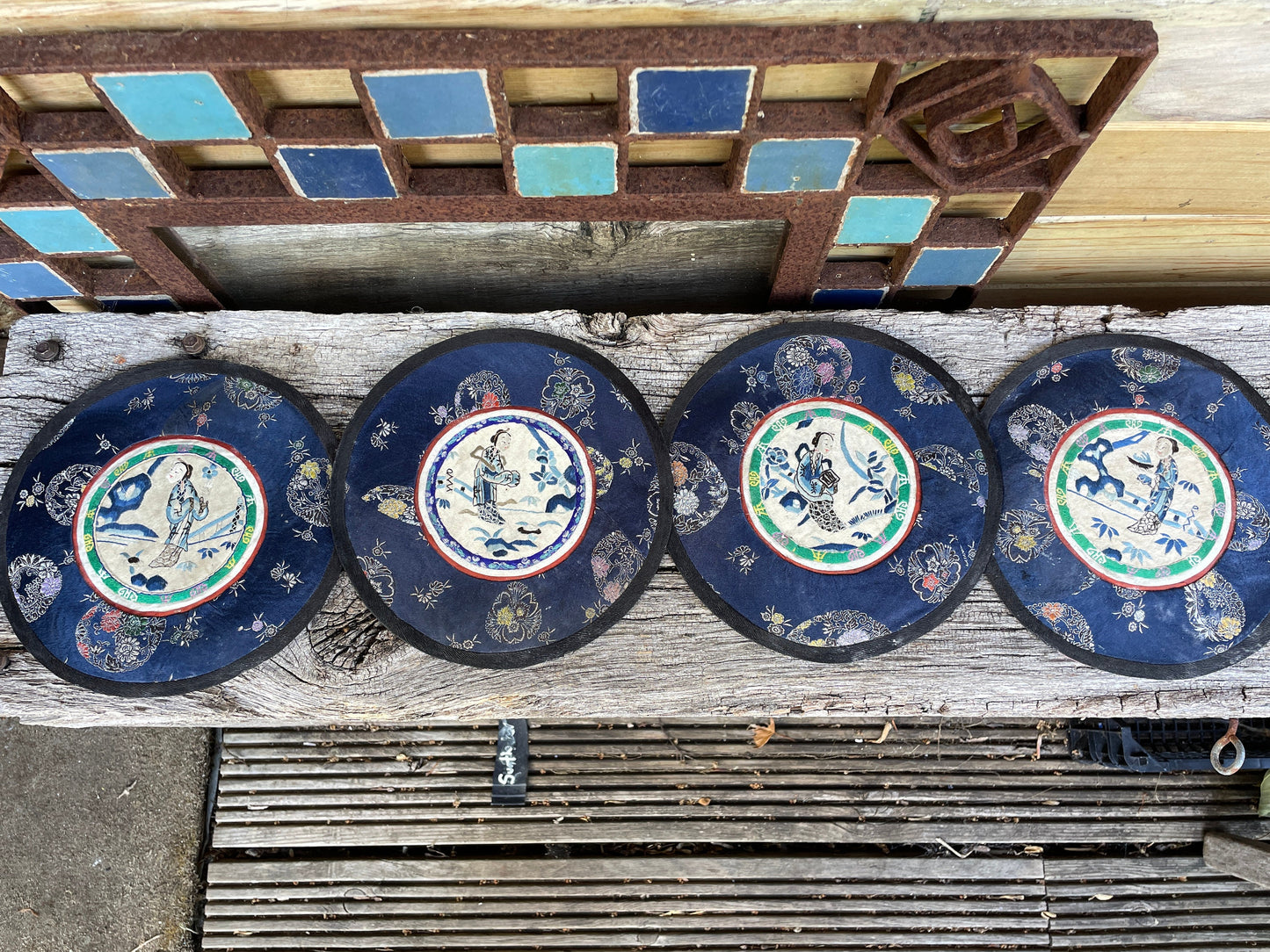 Four Vintage Chinese hand Embroidered Satin Silk Round Mats 19cm diameter
