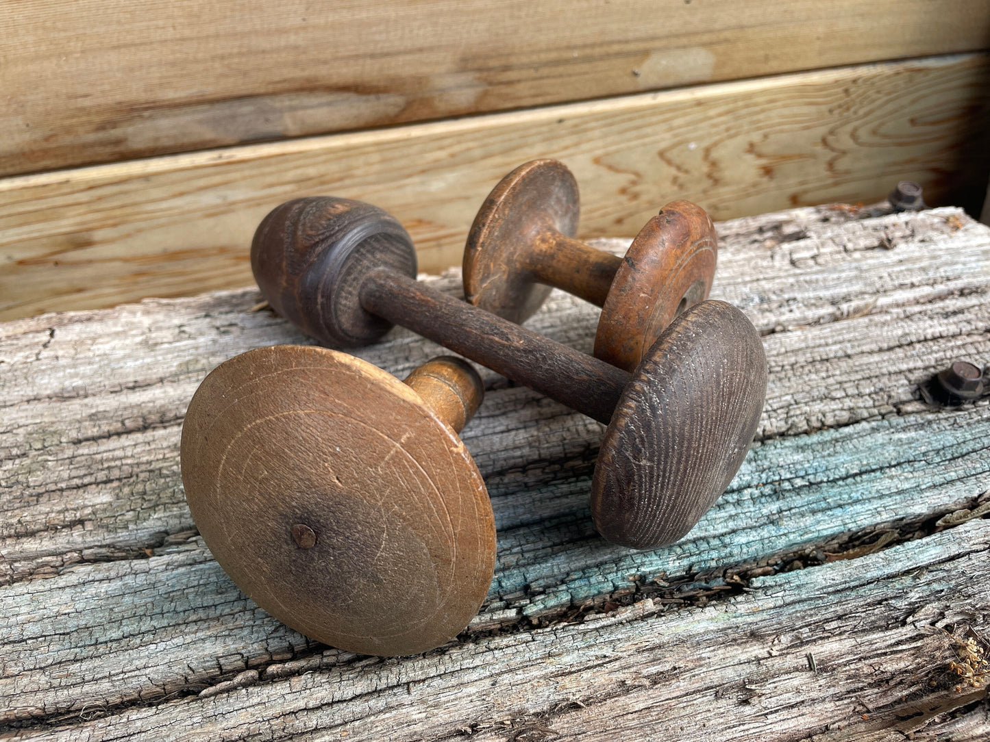 Victorian hand turned Treen. bobbin, darning mushroom