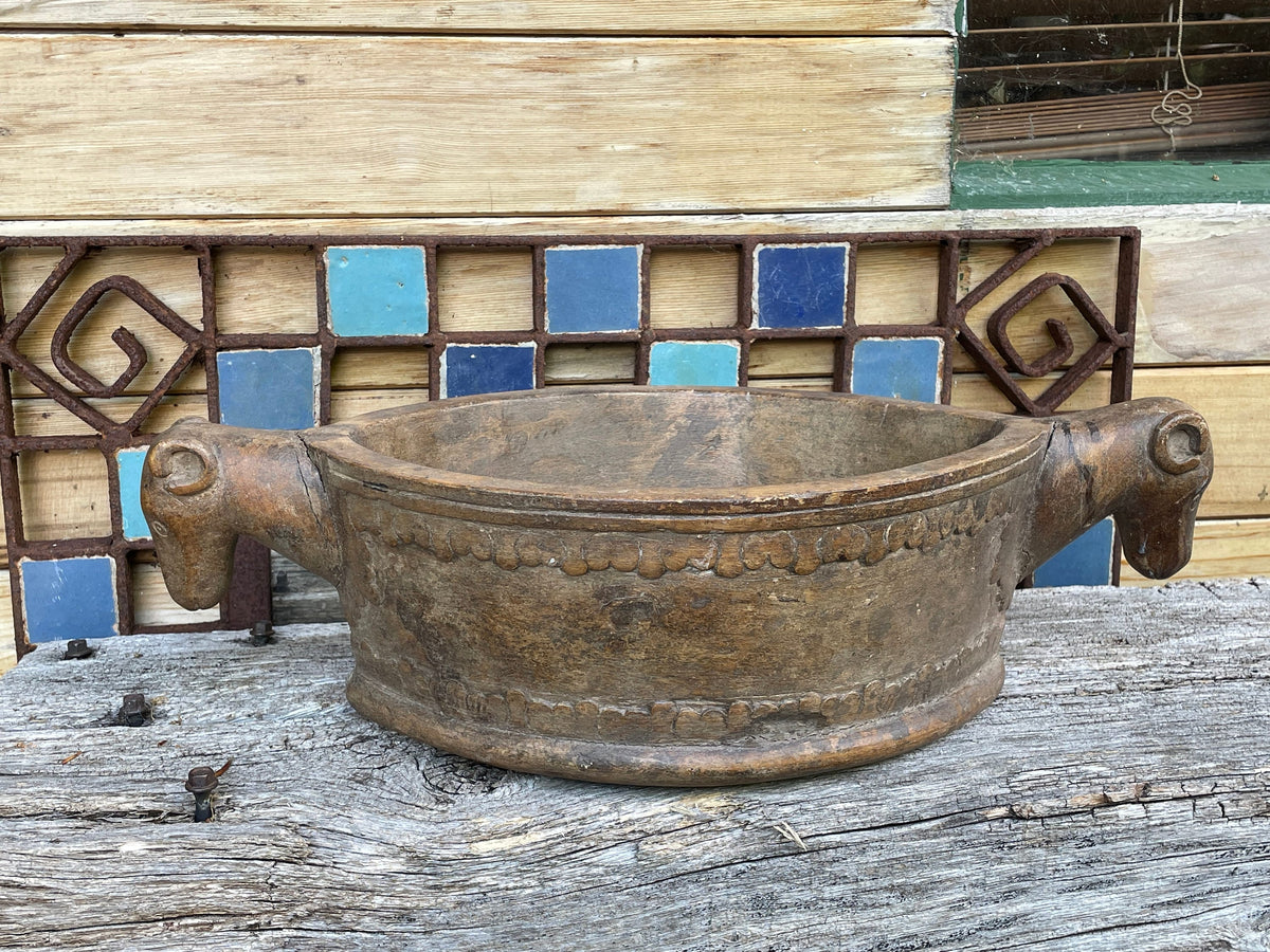 Antique Rajasthan Hand-Carved Wooden Kharal Bowl - 43cm Ram Head Vessel