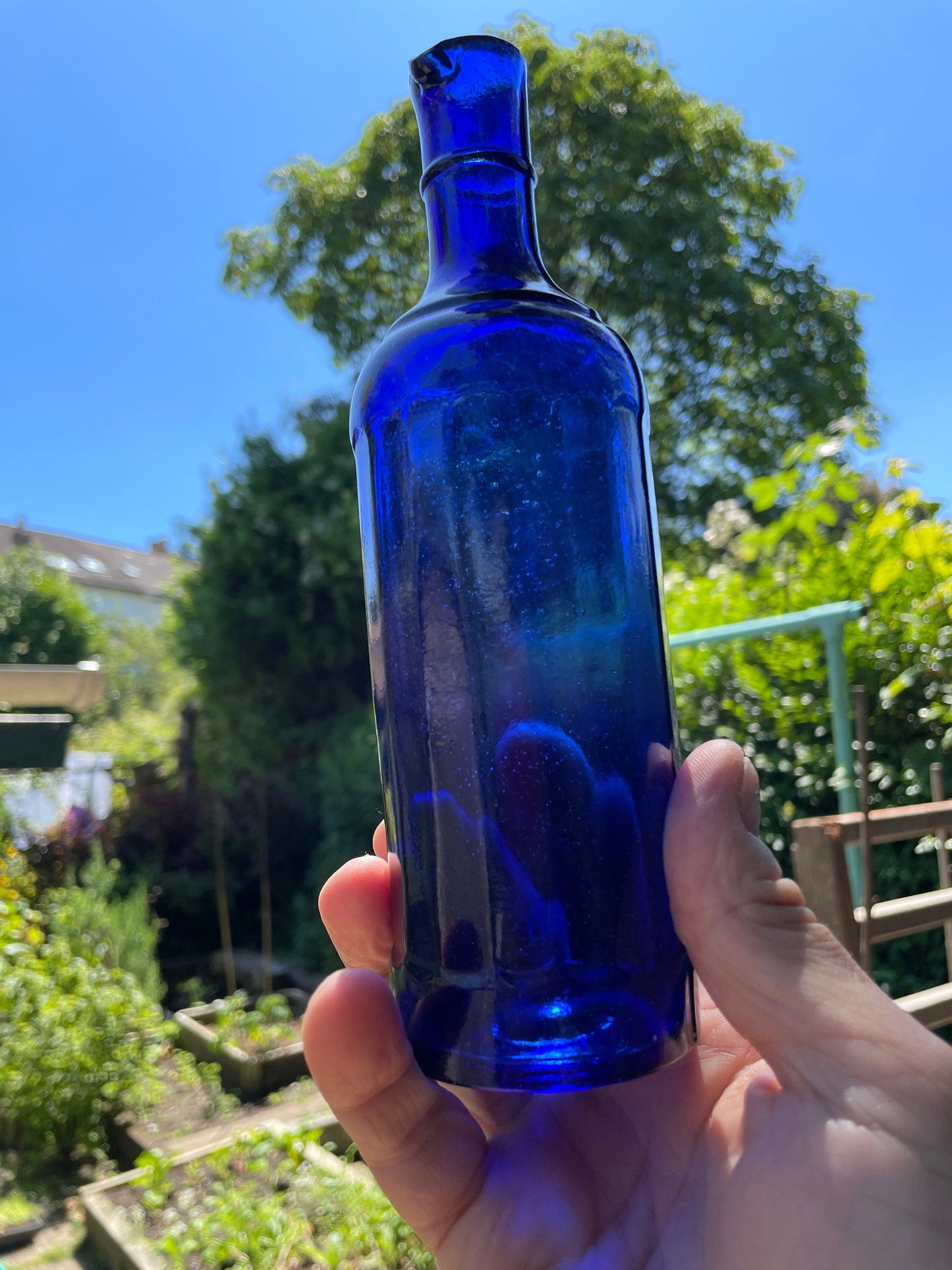 Victorian cobalt blue 18-sided ink bottle c1890's with pouring lip 21cm tall