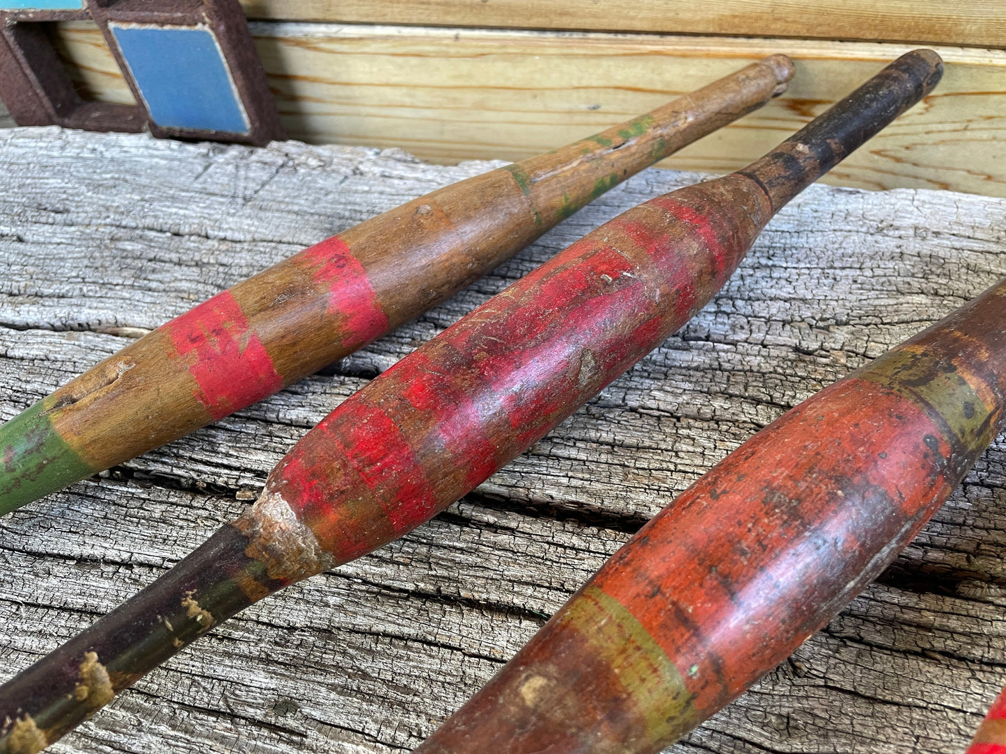 Antique wooden chapati bread rolling pins bright original lacquer paint from India 32cm long