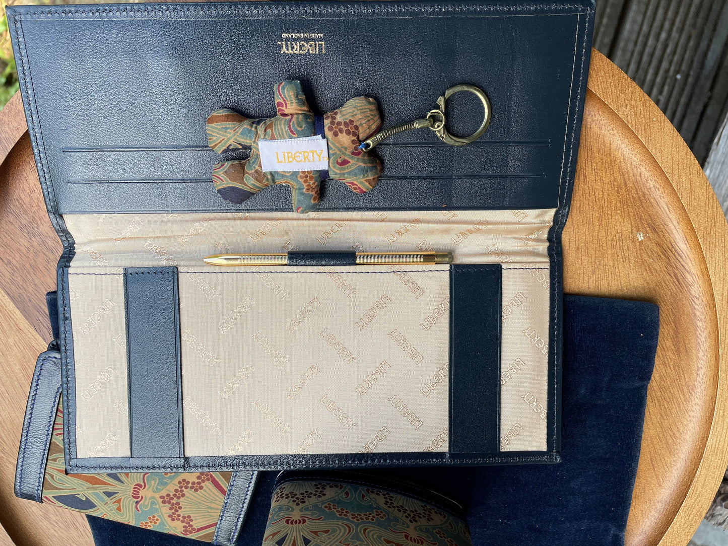 Liberty of London hipflask, Keyring, chequebook holder, wallet set with Lanthe tana lawn cotton fabric and navy leather trim