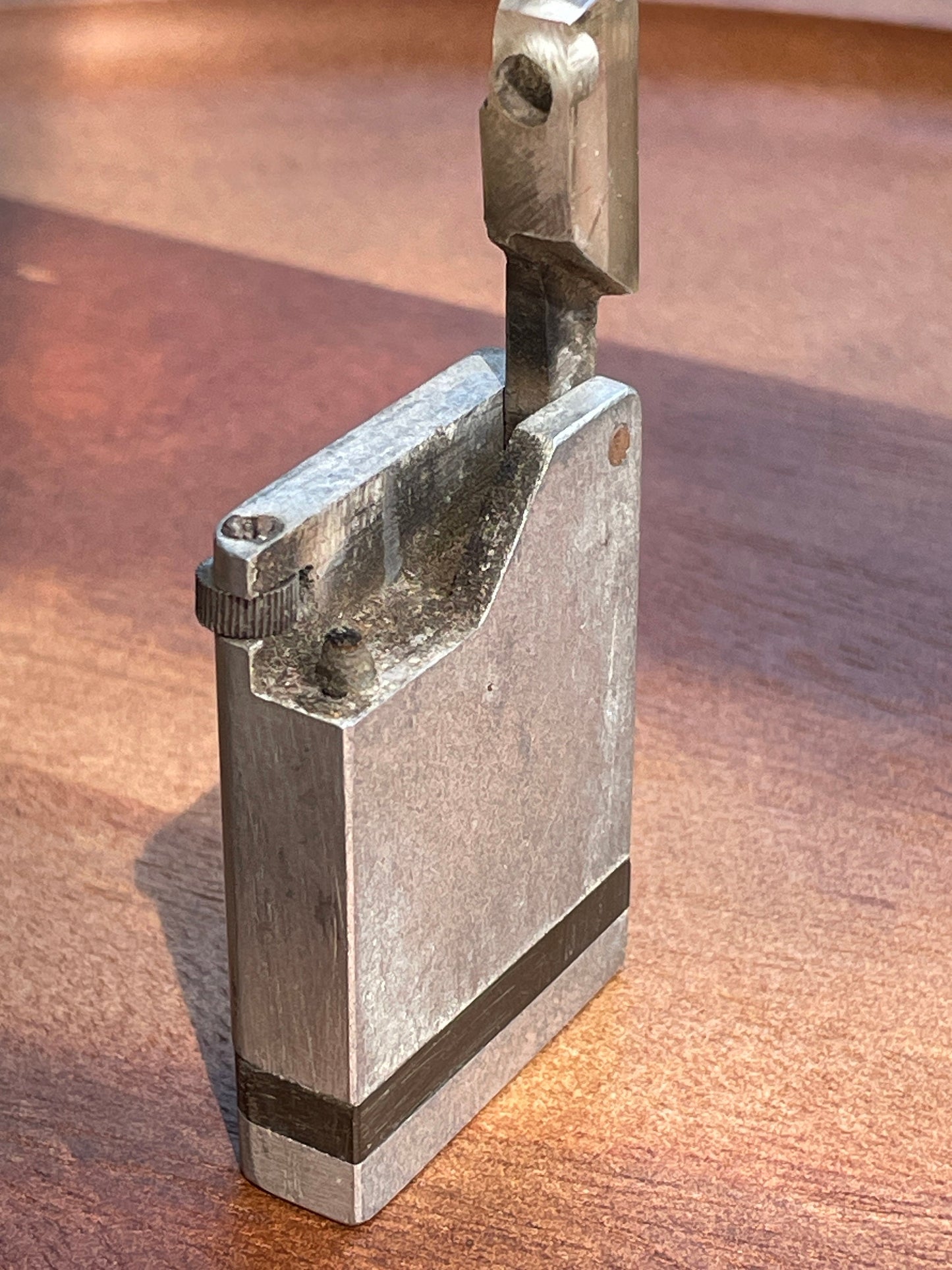 Vintage metal pocket lighter 5cm tall unusual Perspex cover
