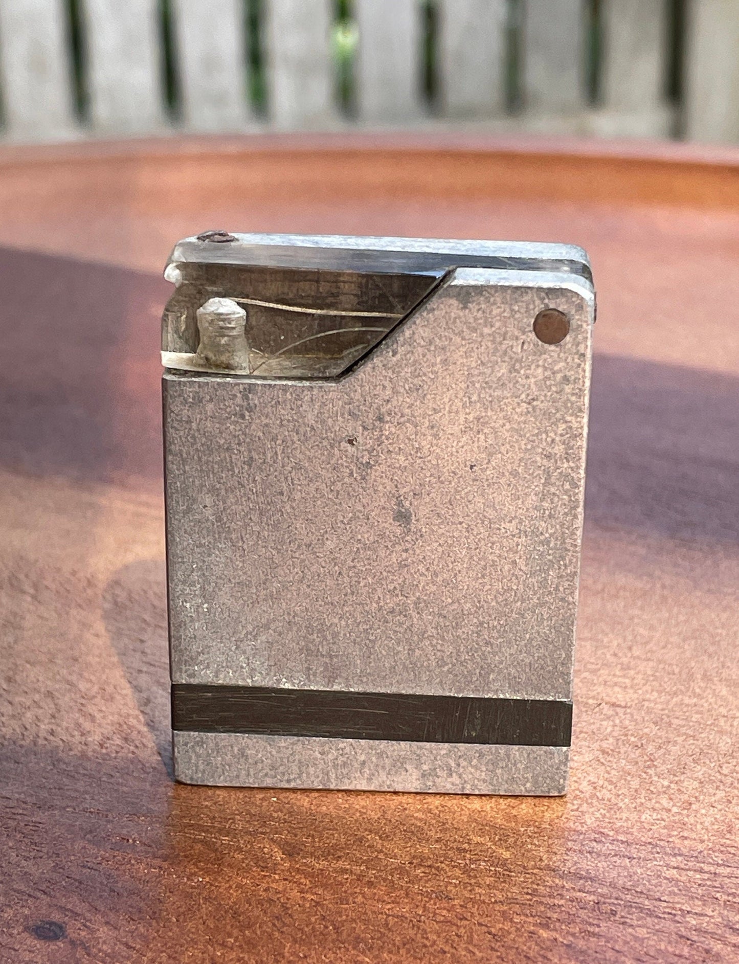 Vintage metal pocket lighter 5cm tall unusual Perspex cover