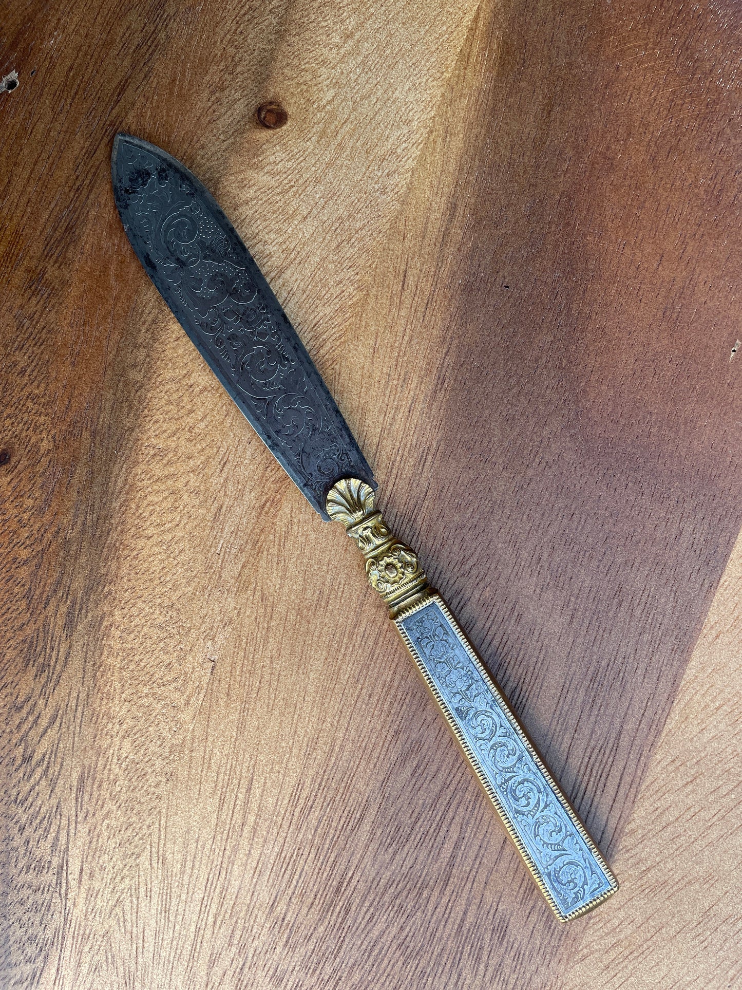 Antique French Letter opener - hand engraved vane and handle with Ormolu mounts c1850 19.5cm long