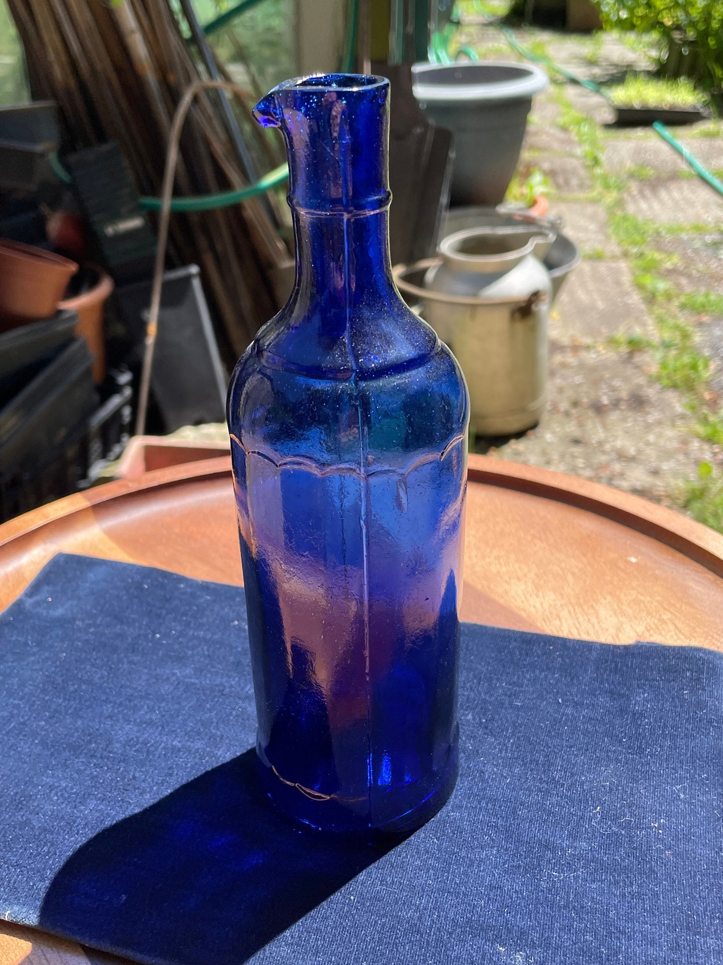 Victorian cobalt blue 18-sided ink bottle c1890's with pouring lip 21cm tall