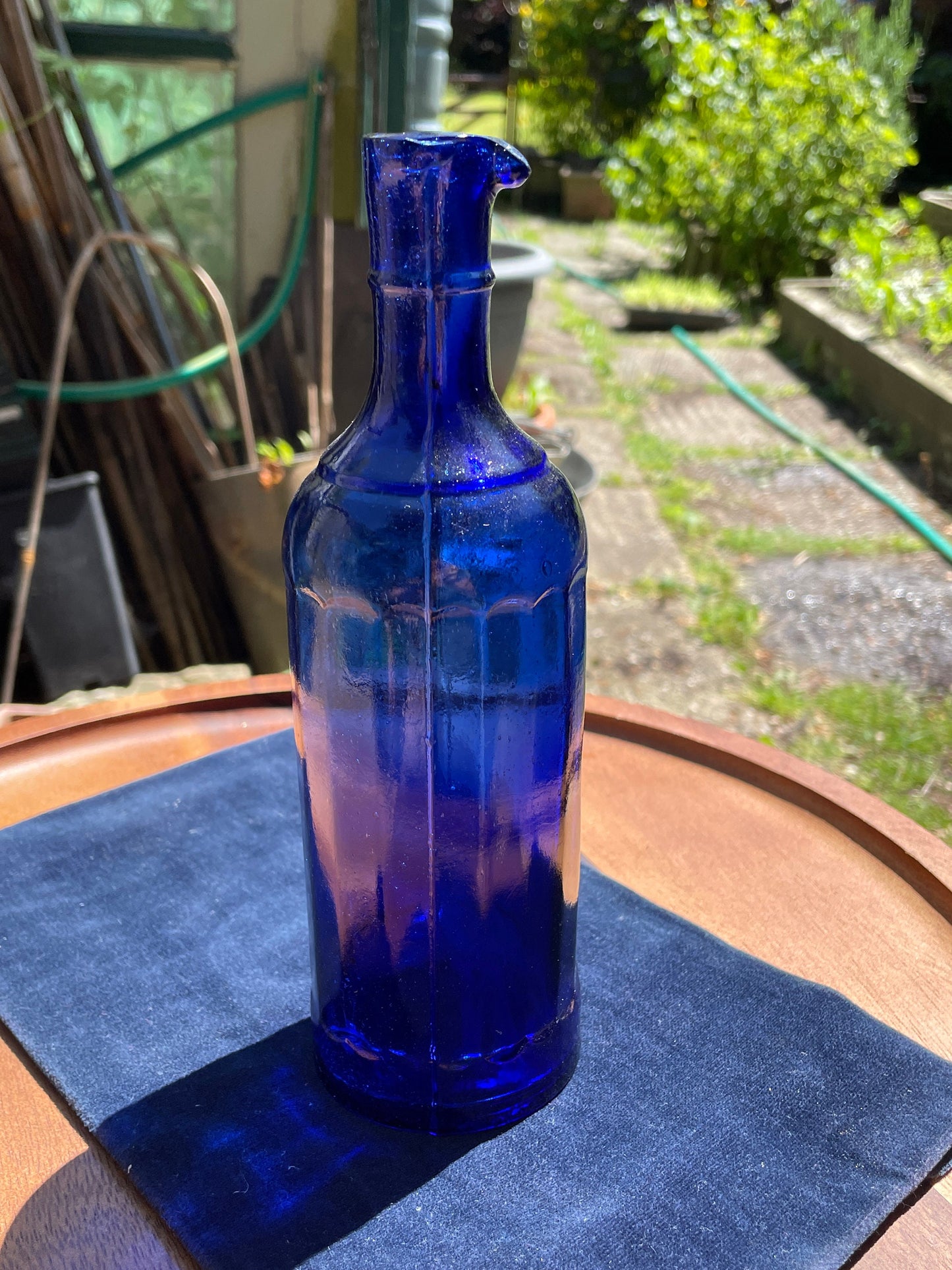 Victorian cobalt blue 18-sided ink bottle c1890's with pouring lip 21cm tall