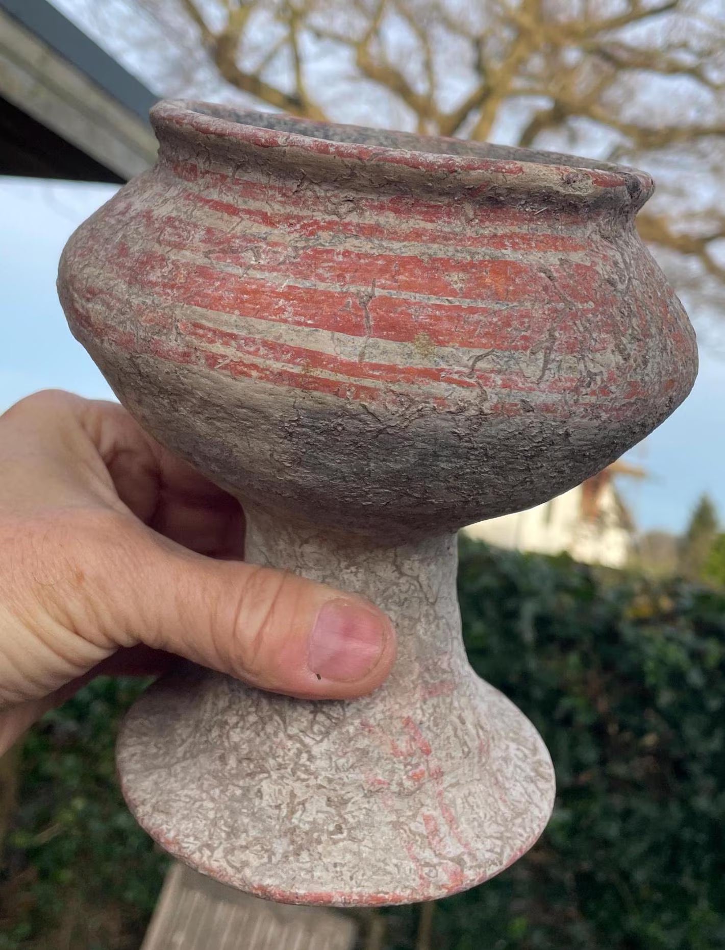 A Genuine Ban Chiang Pottery Pedestal Vessel From Thailand, 300 BCE200 CE - 16.5cm tall and max diameter 14.5cm