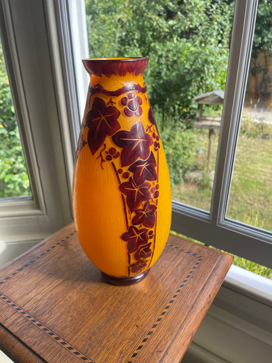 Verreries d’Art Lorrain VAL Orange Cameo Glass Vase – Vintage French Acid Etched Art Nouveau Revival Grapevine Design c.1950s 27cm tall