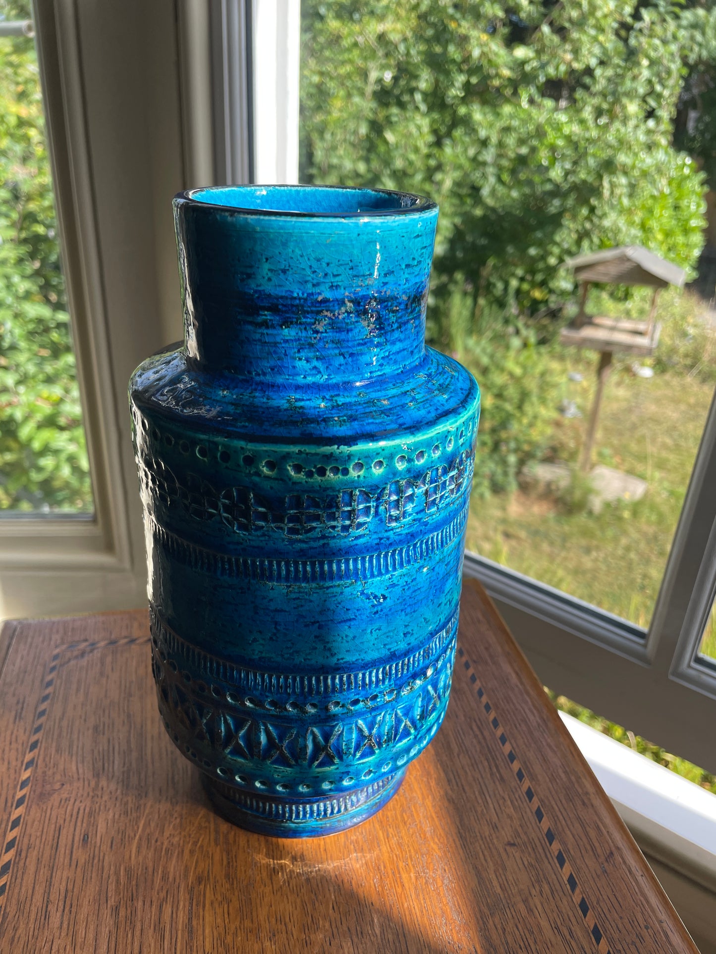 Aldo Londi for Bitossi Rimini Blu Vase – Mid Century Italian Pottery, 22.5cm Turquoise & Cobalt Geometric Glaze, c.1960s