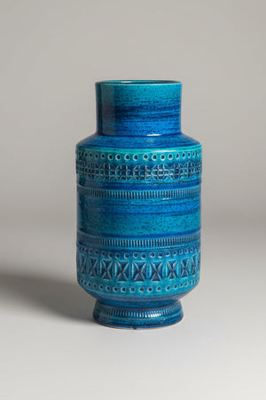 Aldo Londi for Bitossi Rimini Blu Vase – Mid Century Italian Pottery, 22.5cm Turquoise & Cobalt Geometric Glaze, c.1960s