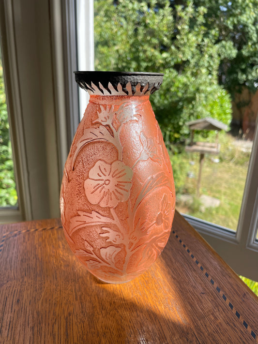 Verreries d’Art Lorrain VAL Cameo Glass Vase – Mid Century French Art Nouveau Revival Frosted Orange Floral Acid Etched with Metal Collar 18.5cm tall
