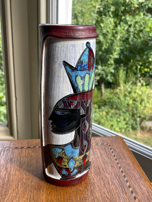 Vintage 1960s Italian Fantoni Style Leather Wrapped Ceramic Vase, Hand Painted Egyptian Pharaoh Design, 20cm Mid Century