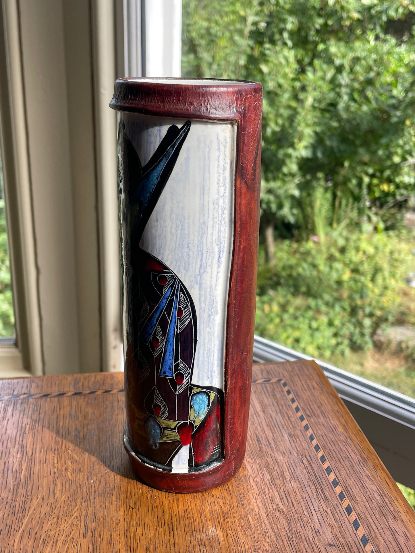 Vintage 1960s Italian Fantoni Style Leather Wrapped Ceramic Vase, Hand Painted Egyptian Pharaoh Design, 20cm Mid Century