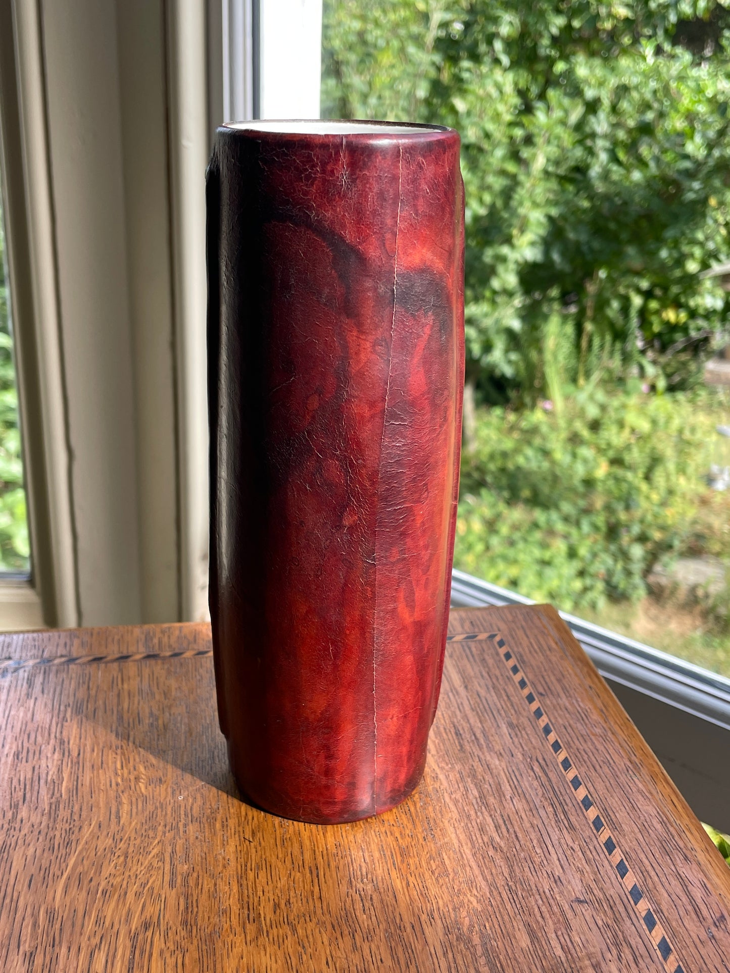 Vintage 1960s Italian Fantoni Style Leather Wrapped Ceramic Vase, Hand Painted Egyptian Pharaoh Design, 20cm Mid Century