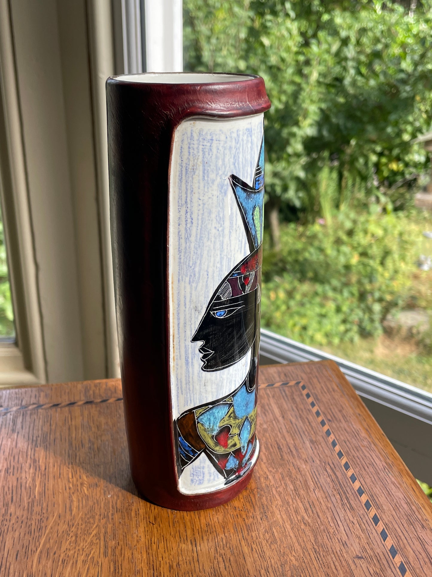 Vintage 1960s Italian Fantoni Style Leather Wrapped Ceramic Vase, Hand Painted Egyptian Pharaoh Design, 20cm Mid Century