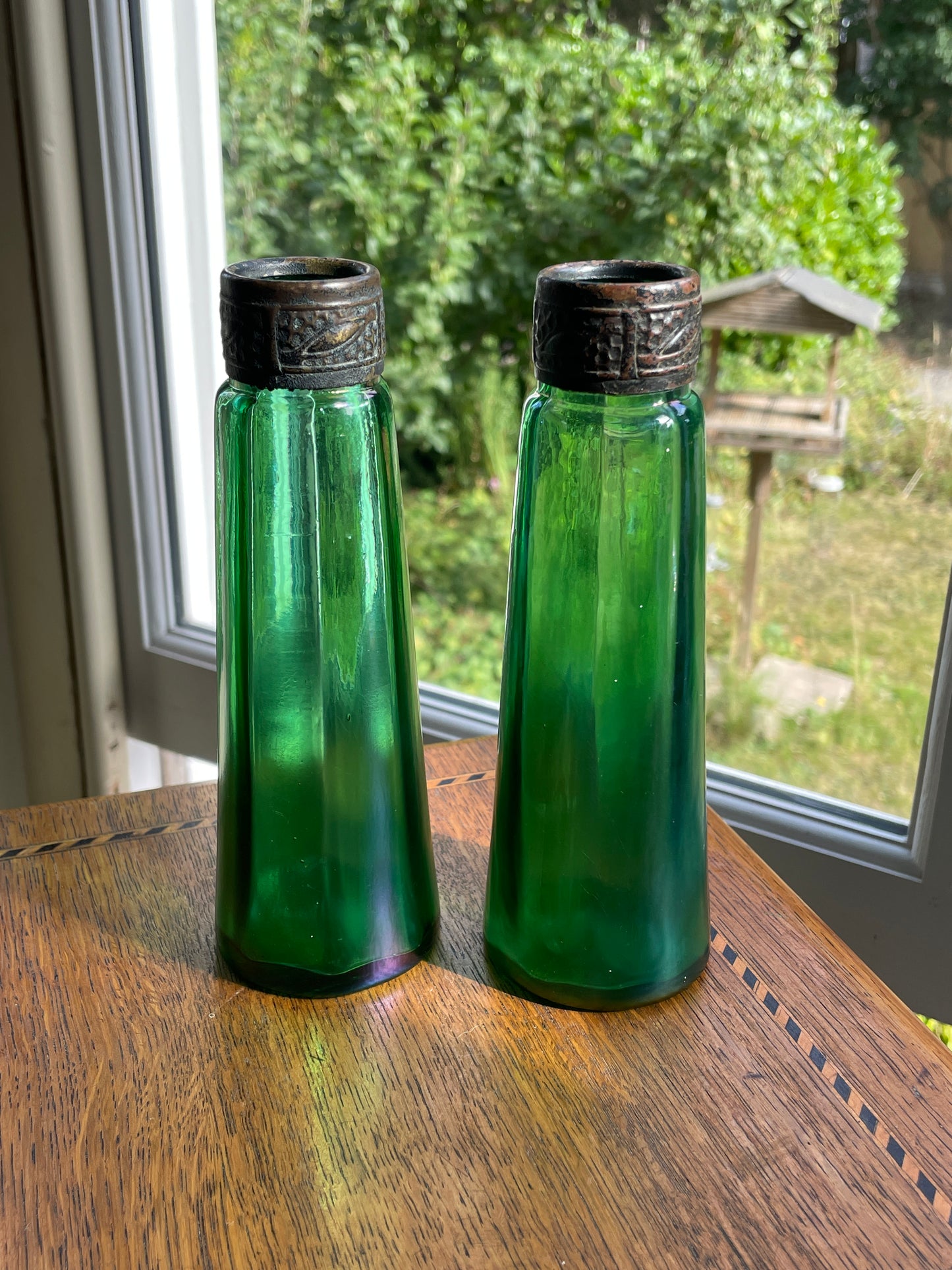 Antique Stolzle Bohemian Green Glass Perfume Bottles Pair, 19thC Ribbed Vanity Scent Bottles with Metal Mounts