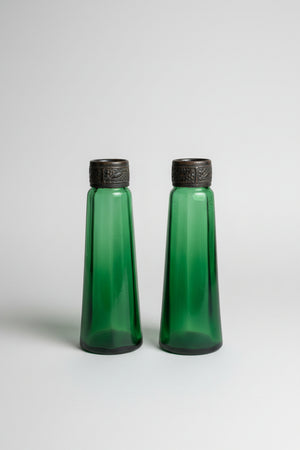 Antique Stolzle Bohemian Green Glass Perfume Bottles Pair, 19thC Ribbed Vanity Scent Bottles with Metal Mounts