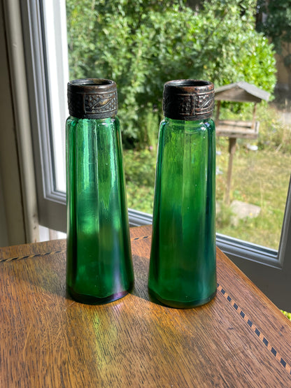 Antique Stolzle Bohemian Green Glass Perfume Bottles Pair, 19thC Ribbed Vanity Scent Bottles with Metal Mounts
