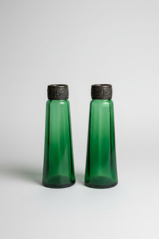 Antique Stolzle Bohemian Green Glass Perfume Bottles Pair, 19thC Ribbed Vanity Scent Bottles with Metal Mounts