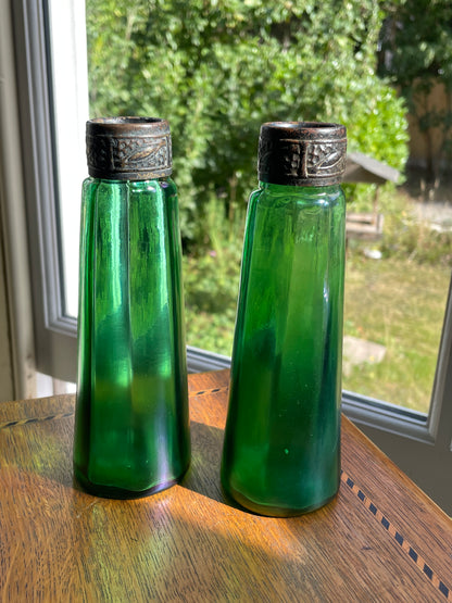 Antique Stolzle Bohemian Green Glass Perfume Bottles Pair, 19thC Ribbed Vanity Scent Bottles with Metal Mounts