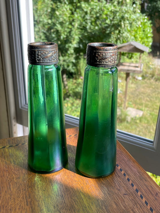 Antique Stolzle Bohemian Green Glass Perfume Bottles Pair, 19thC Ribbed Vanity Scent Bottles with Metal Mounts