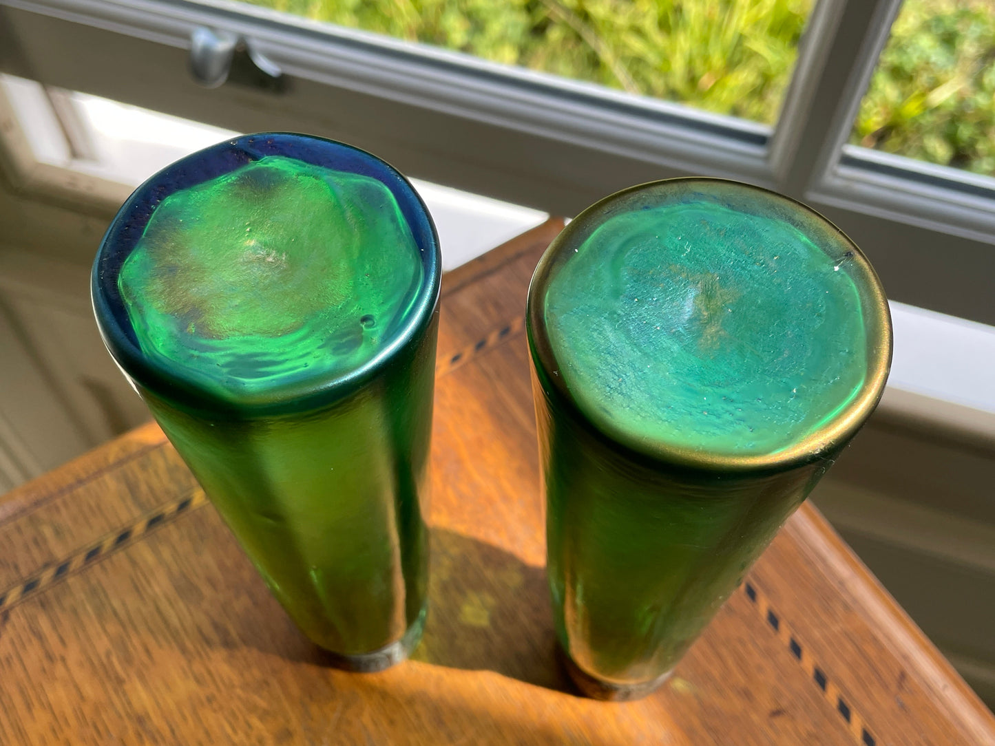 Antique Stolzle Bohemian Green Glass Perfume Bottles Pair, 19thC Ribbed Vanity Scent Bottles with Metal Mounts