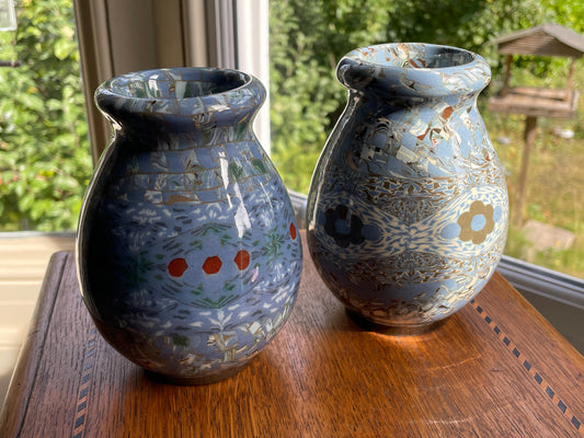 Pair Jean Gerbino Vallauris France Mosaic Vases, Signed Neriage Pottery, Mid-Century Studio Ceramics 14cm