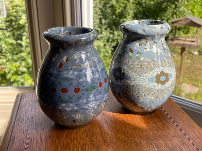 Pair Jean Gerbino Vallauris France Mosaic Vases, Signed Neriage Pottery, Mid-Century Studio Ceramics 14cm