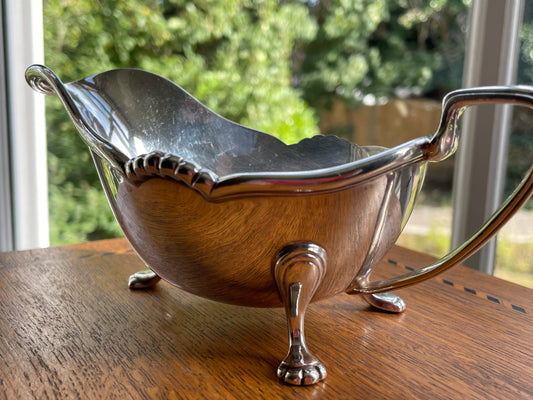 Vintage Harrods London Silver Plated Sauce Boat, Footed Gravy Boat with Lion Paw Feet, Hard Soldered Silverplate