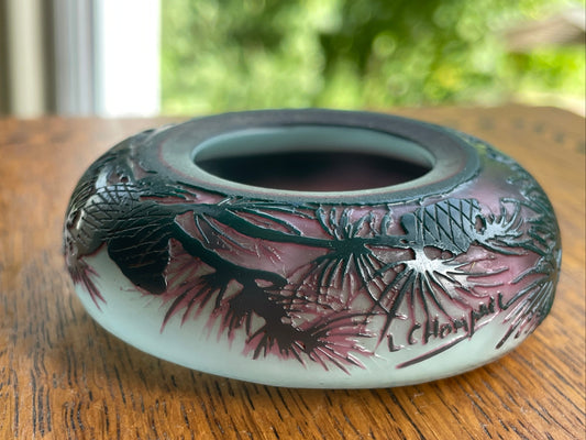Signed L. Chompret Cameo Glass Miniature Vase, French Art Nouveau Pinecone Design, Acid Etched c.1910