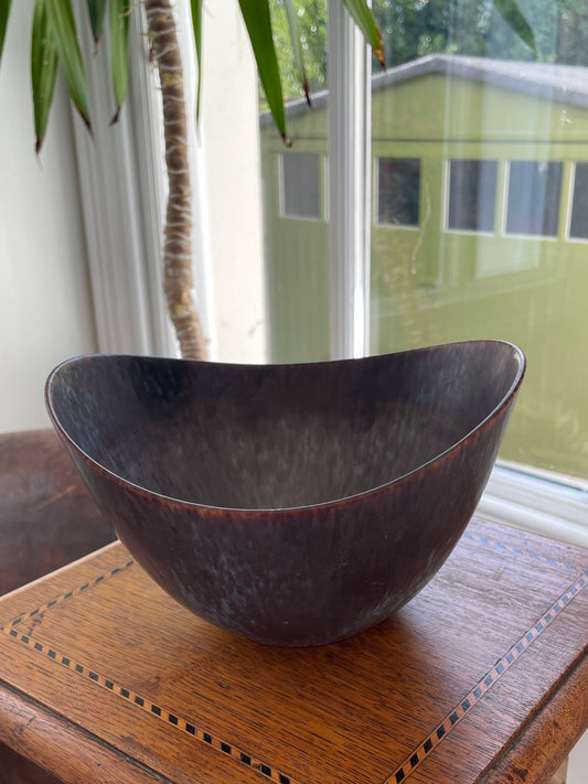 Gunnar Nylund Rörstrand Sweden Stoneware Bowl, Mid Century Scandinavian Modern Pottery, Blue Plum Asymmetric Ceramic