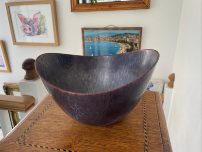 Gunnar Nylund Rörstrand Sweden Stoneware Bowl, Mid Century Scandinavian Modern Pottery, Blue Plum Asymmetric Ceramic