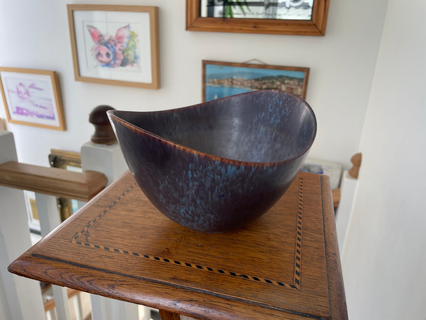 Gunnar Nylund Rörstrand Sweden Stoneware Bowl, Mid Century Scandinavian Modern Pottery, Blue Plum Asymmetric Ceramic