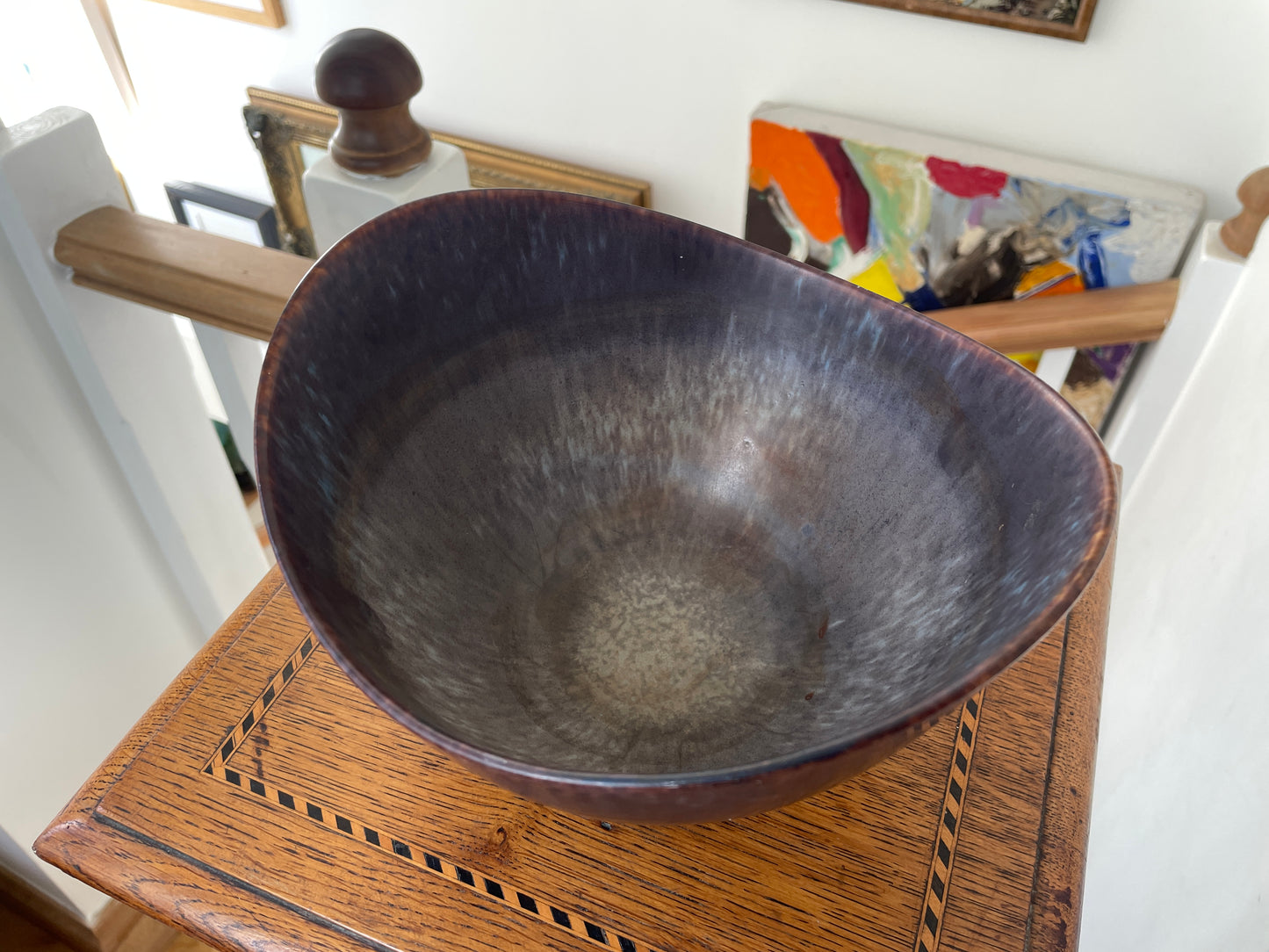 Gunnar Nylund Rörstrand Sweden Stoneware Bowl, Mid Century Scandinavian Modern Pottery, Blue Plum Asymmetric Ceramic