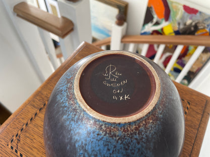 Gunnar Nylund Rörstrand Sweden Stoneware Bowl, Mid Century Scandinavian Modern Pottery, Blue Plum Asymmetric Ceramic