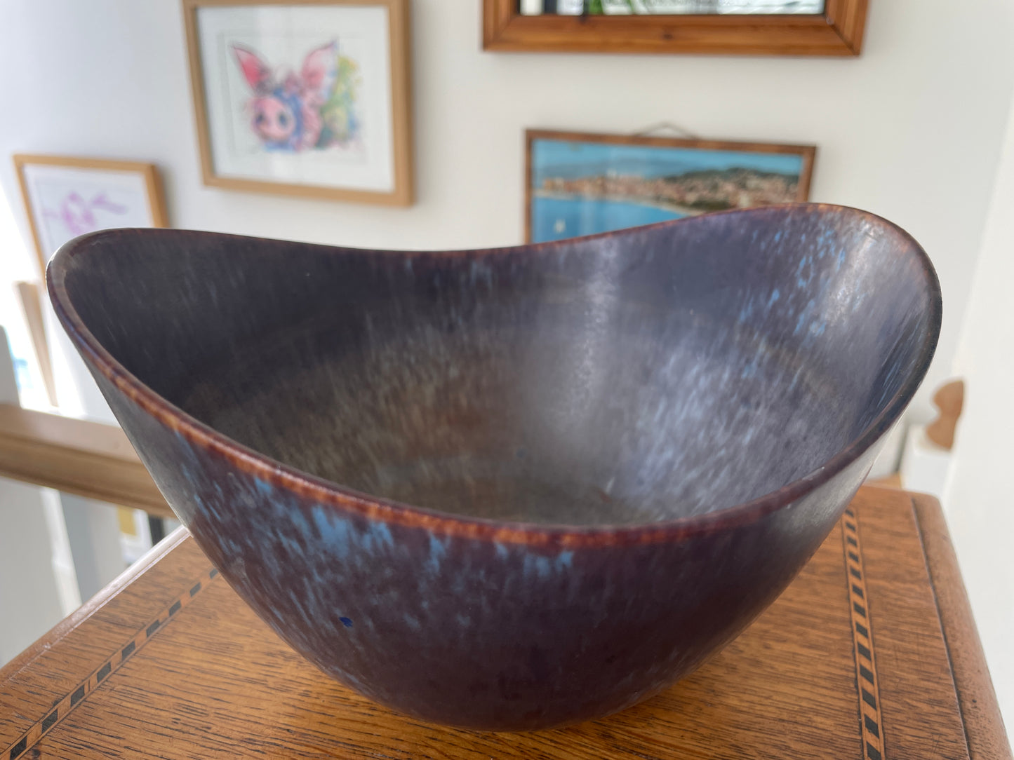 Gunnar Nylund Rörstrand Sweden Stoneware Bowl, Mid Century Scandinavian Modern Pottery, Blue Plum Asymmetric Ceramic