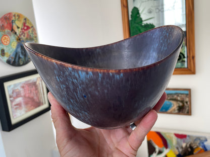 Gunnar Nylund Rörstrand Sweden Stoneware Bowl, Mid Century Scandinavian Modern Pottery, Blue Plum Asymmetric Ceramic