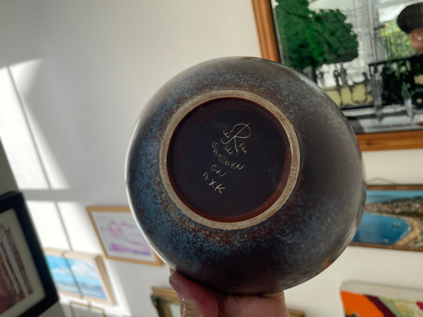 Gunnar Nylund Rörstrand Sweden Stoneware Bowl, Mid Century Scandinavian Modern Pottery, Blue Plum Asymmetric Ceramic