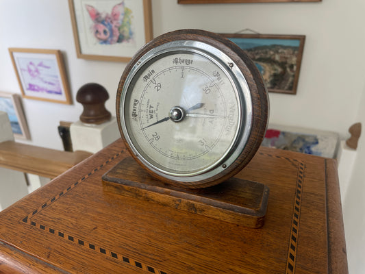 Vintage Smiths Oak Desk Barometer, 1940s–50s British Aneroid Weather Station, Chrome Bezel, Fully Working, Mid Century Home Decor