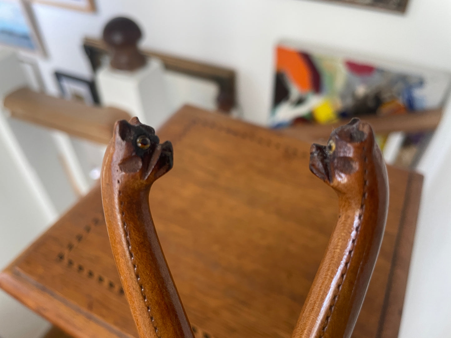 Victorian Wooden Glove Stretchers with Carved Dog Heads & Glass Eyes – Antique Sewing Collectible, Unique Gift for Her