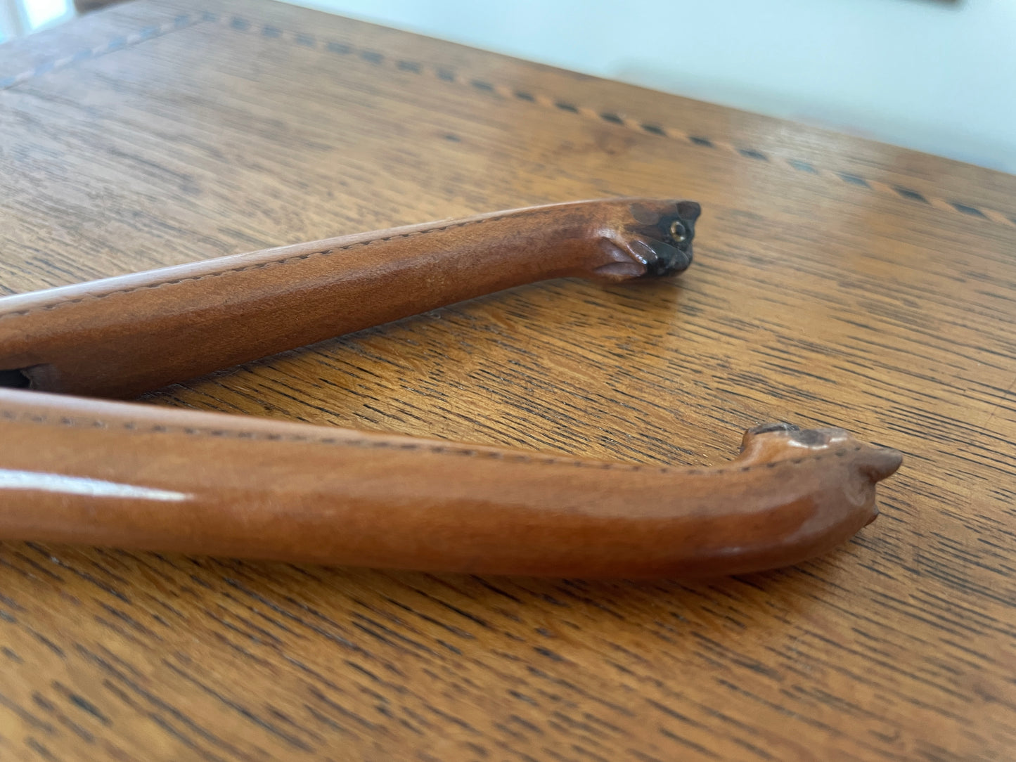 Victorian Wooden Glove Stretchers with Carved Dog Heads & Glass Eyes – Antique Sewing Collectible, Unique Gift for Her