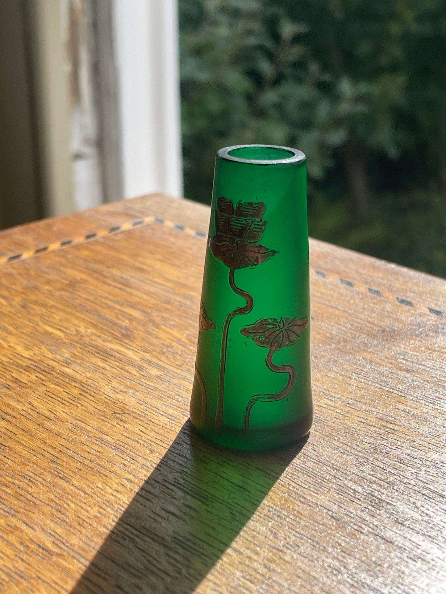 Art Deco Green Glass Bud Vase with Silver Overlay Floral Design – 1930s Vintage Collectible Small Flower Vase