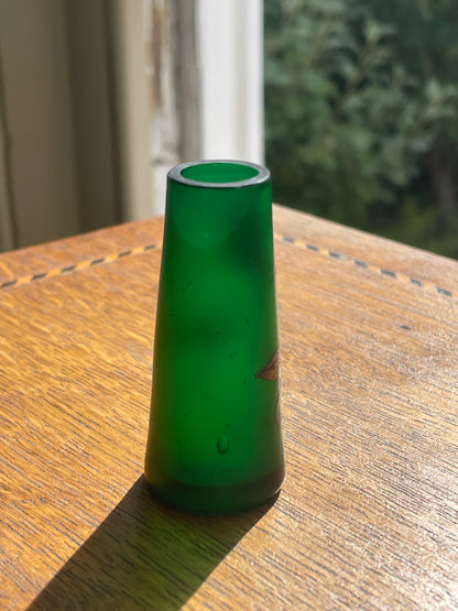 Art Deco Green Glass Bud Vase with Silver Overlay Floral Design – 1930s Vintage Collectible Small Flower Vase
