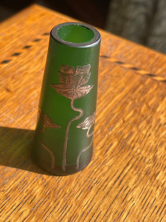 Art Deco Green Glass Bud Vase with Silver Overlay Floral Design – 1930s Vintage Collectible Small Flower Vase