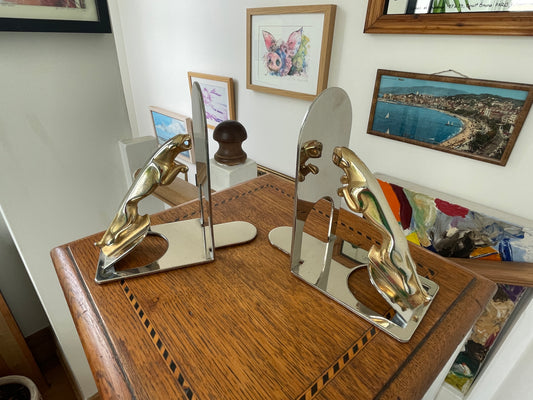 Vintage Art Deco Style Chrome & Brass Panther Bookends, 20th Century Jaguar Figurine Book Ends, Retro Mid Century Modern Decor